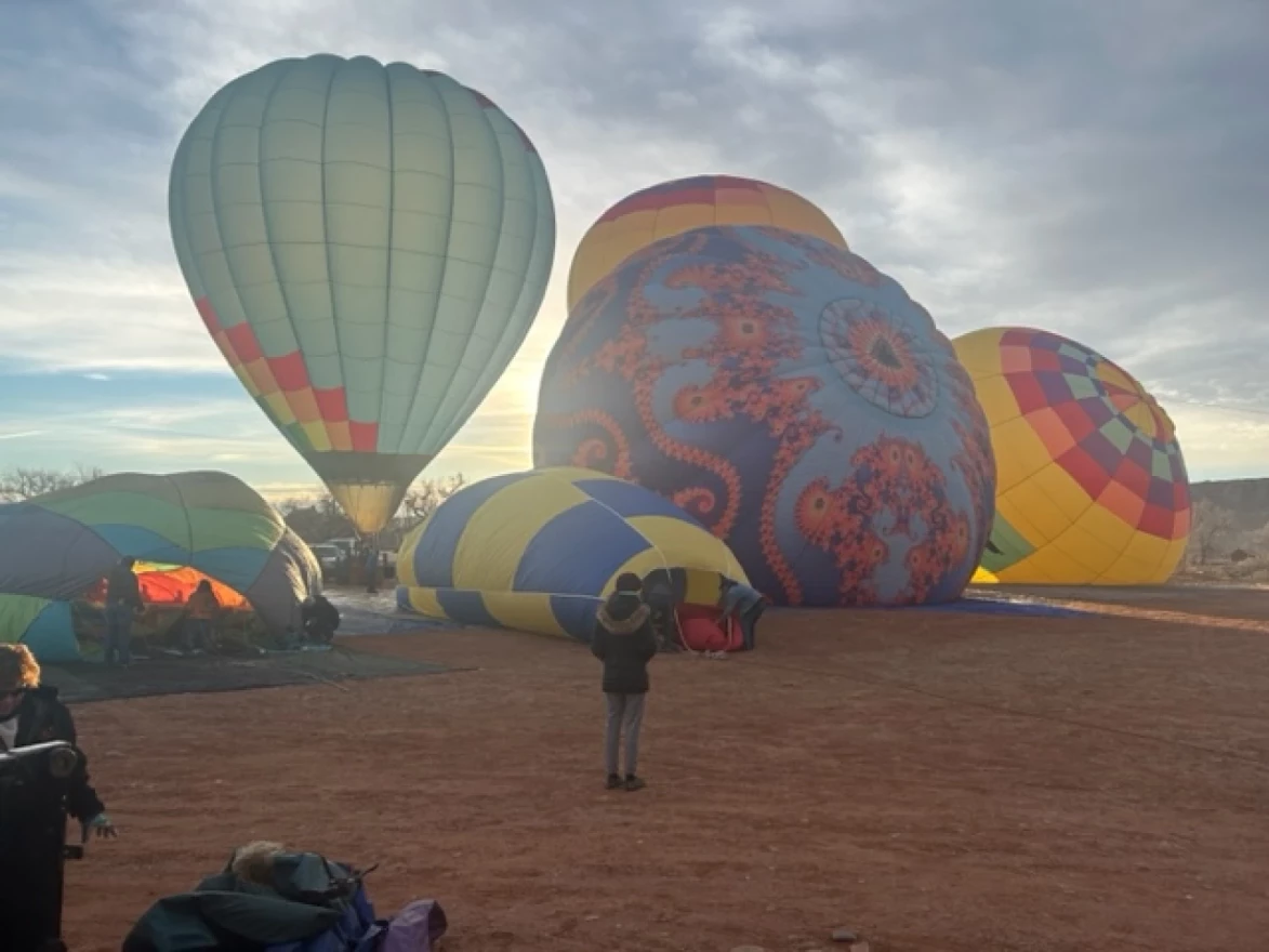 Multicolored balloons being set up in Bluff, Utah.